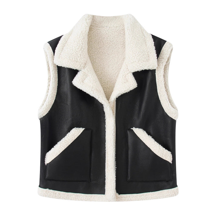Women's Sleeveless Lambskin Look Vest with Notched Collar and Patch Pockets Mune Fashion