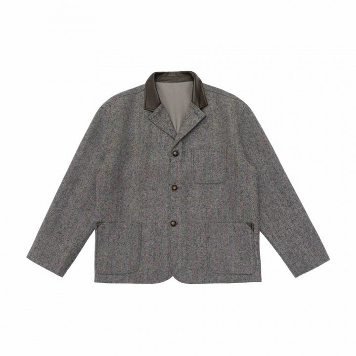 Men's wool blend worker blazer with contrasting leather collar and patch pockets Mune Fashion