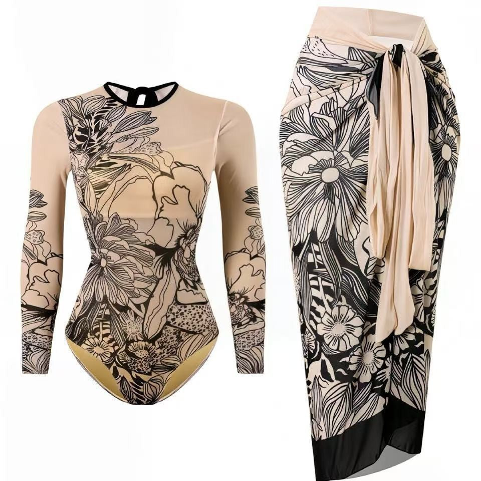 Women's swim set with floral long sleeve top and stylish wrap skirt Mune Fashion