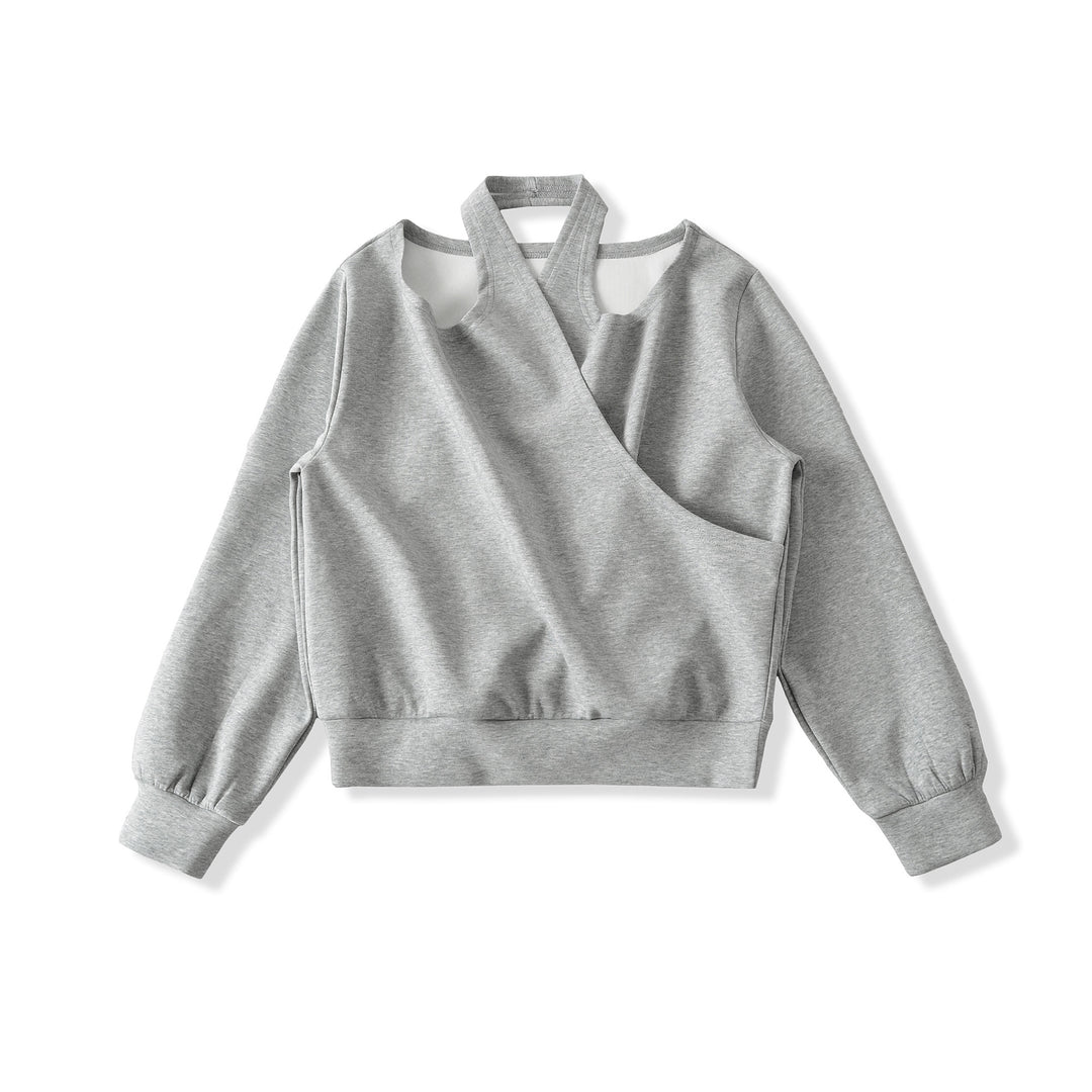 Women's Cropped Sweatshirt with Halter Neck, Cold-Shoulder and Wrap Look Mune Fashion