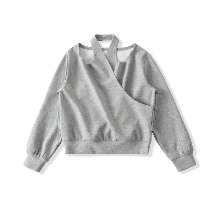 Women's Cropped Sweatshirt with Halter Neck, Cold-Shoulder and Wrap Look Mune Fashion