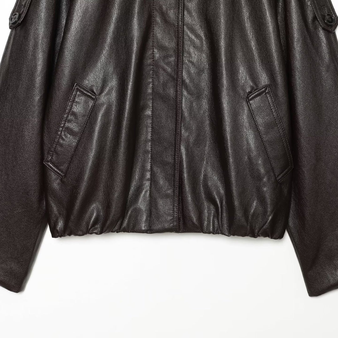 Women's short-cut leather look blouson jacket with high funnel collar, shoulder tabs and integrated patch pockets Mune Fashion