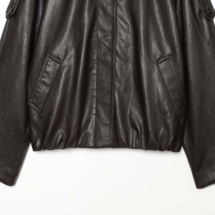 Women's short-cut leather look blouson jacket with high funnel collar, shoulder tabs and integrated patch pockets Mune Fashion