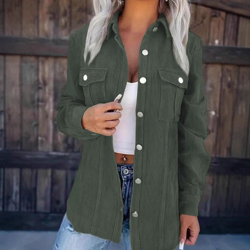 Ladies cord shirt jacket in shacket style with snap button placket and chest pockets Mune Fashion