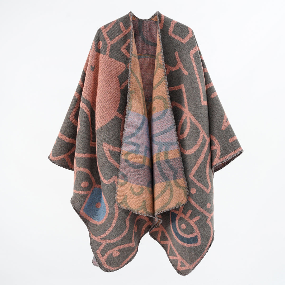 Women's Reversible Knit Poncho in Cozy Cape with Graphic Jacquard Pattern