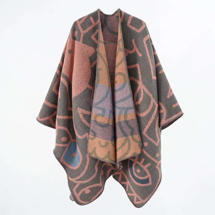 Women's Reversible Knit Poncho in Cozy Cape with Graphic Jacquard Pattern