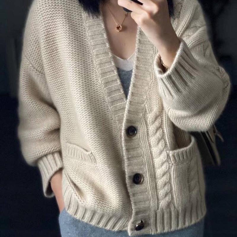 Women's Oversized Knit Cardigan with Cable Detail, Front Pockets and Button Placket Mune Fashion