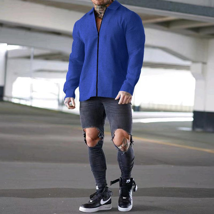 Men's structured long-sleeve shirt jacket with concealed half-zip, Kent collar, and light waffle texture Mune Fashion