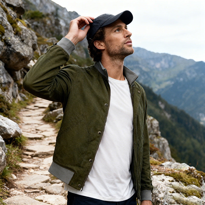Men's short jacket in urban outdoor style with stand-up collar, snap button placket, and ribbed cuffs Mune Fashion