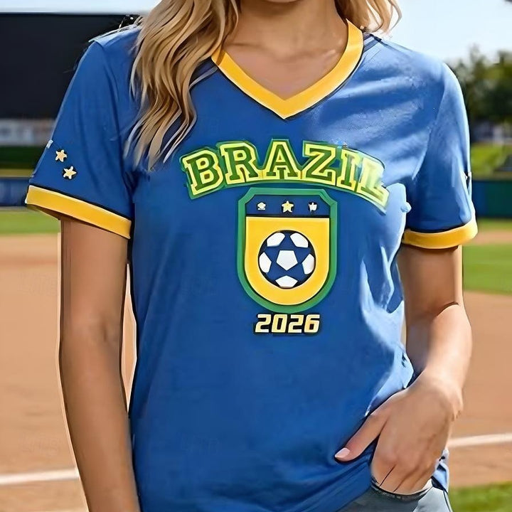 Ladies nan sporty fan t-shirt with v-neck and Brazil logo Mune Fashion