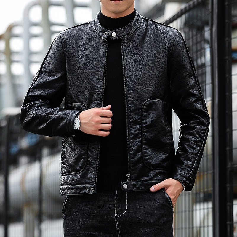 Men's Faux Leather Blouson with Stand Collar, Zipper and Patch Pockets Mune Fashion