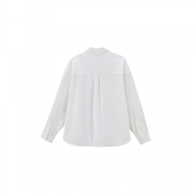Women's Loose Textured Linen-Cotton Shirt with Kent Collar and Rounded Hem Mune Fashion