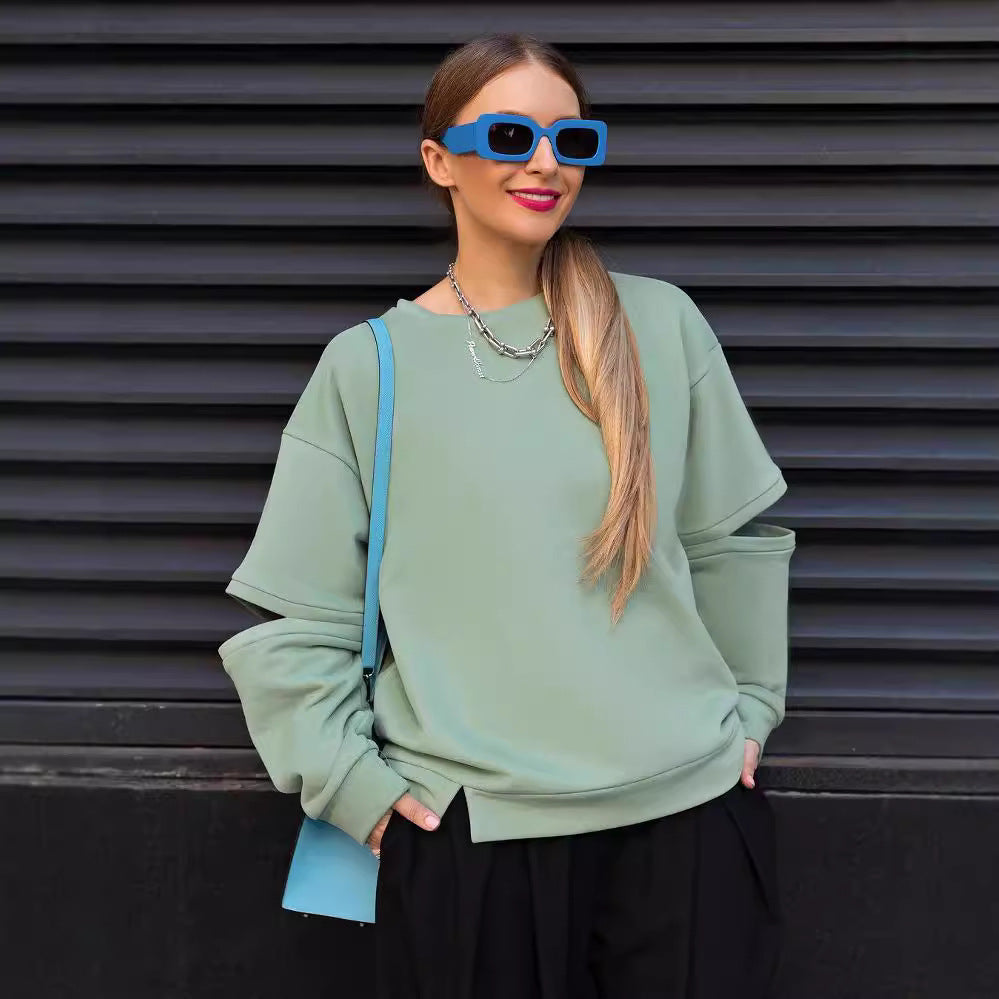 Women's Oversized Sweatshirt with Layer Sleeves and Side Slit Mune Fashion