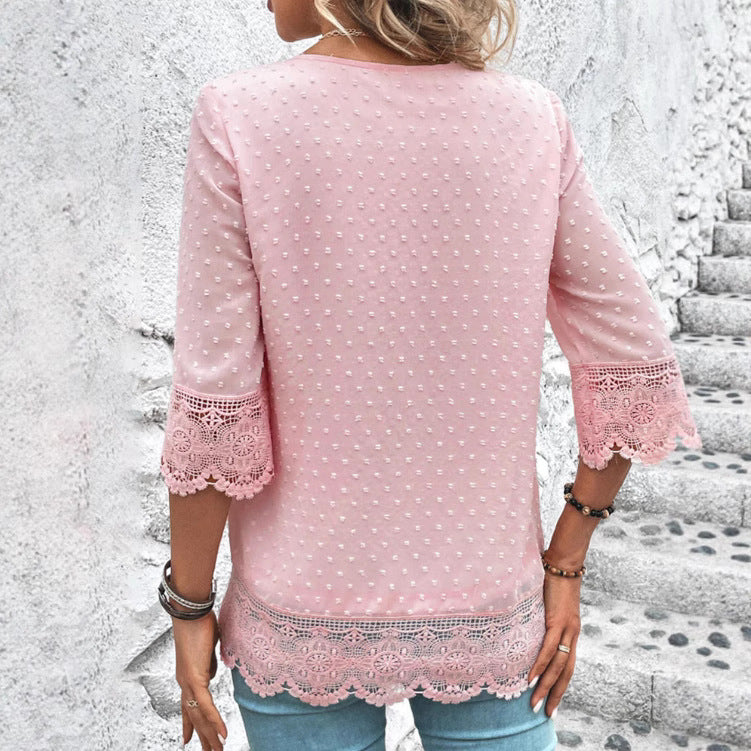 Ladies transparent chiffon blouse with polka dot structure, lace trim, V-neck and three-quarter sleeves Mune Fashion