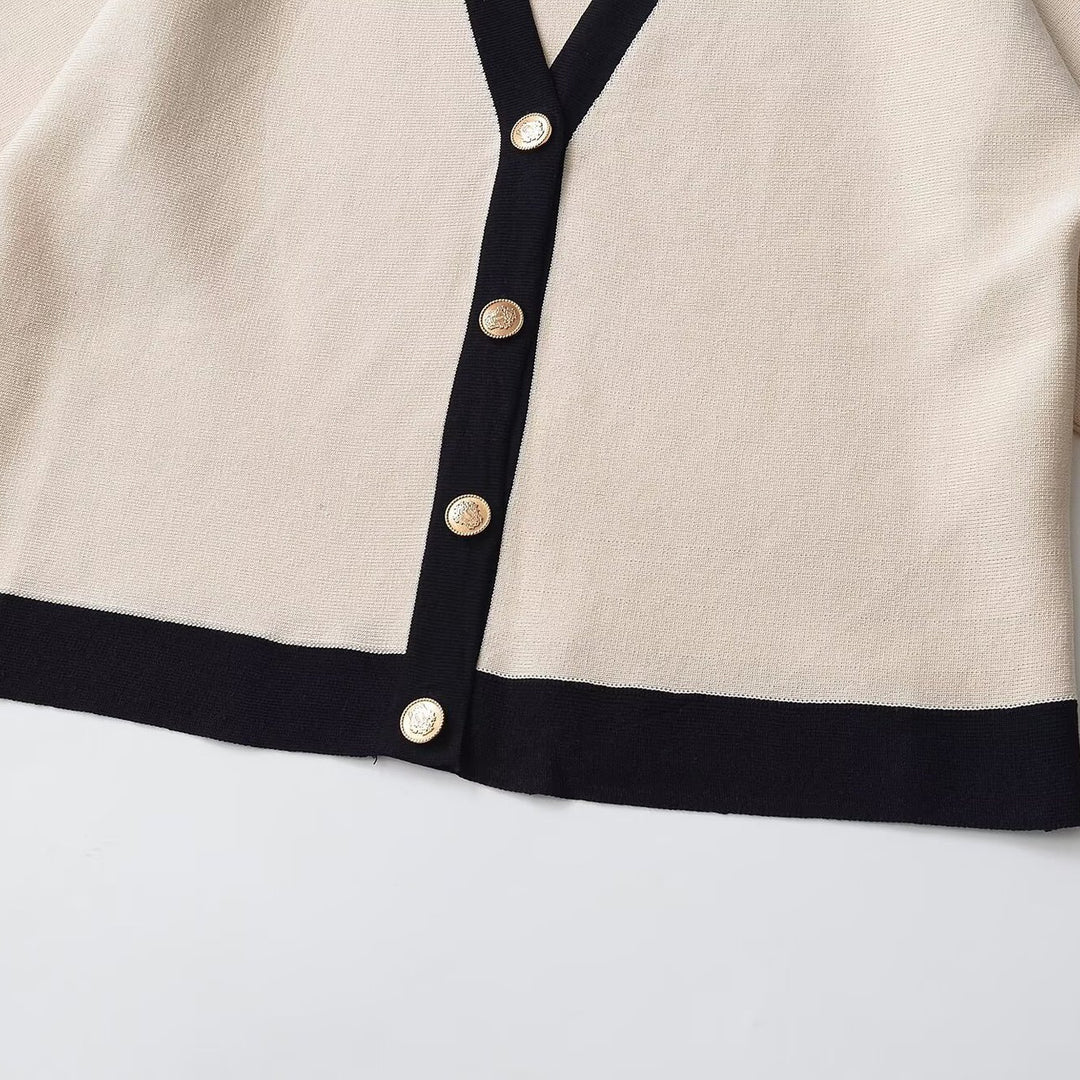Women Short-Sleeved Knit Poncho Cardigan with Contrast Trim and Decorative Gold Buttons Mune Fashion