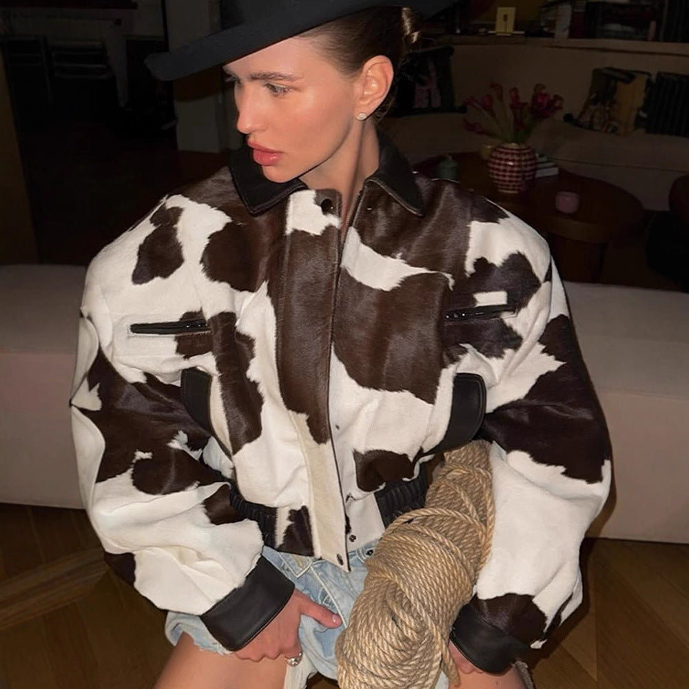 Women Short Cut Boxy Faux Fur Jacket in Cow Spot Pattern Mune Fashion