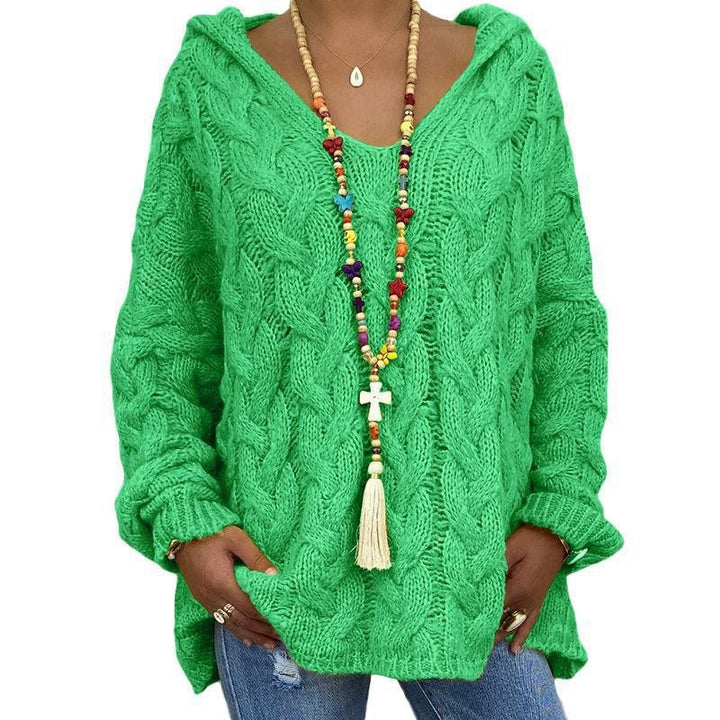 Women Oversized Cable Knit Sweater with Hood and Casual V-Neck Mune Fashion