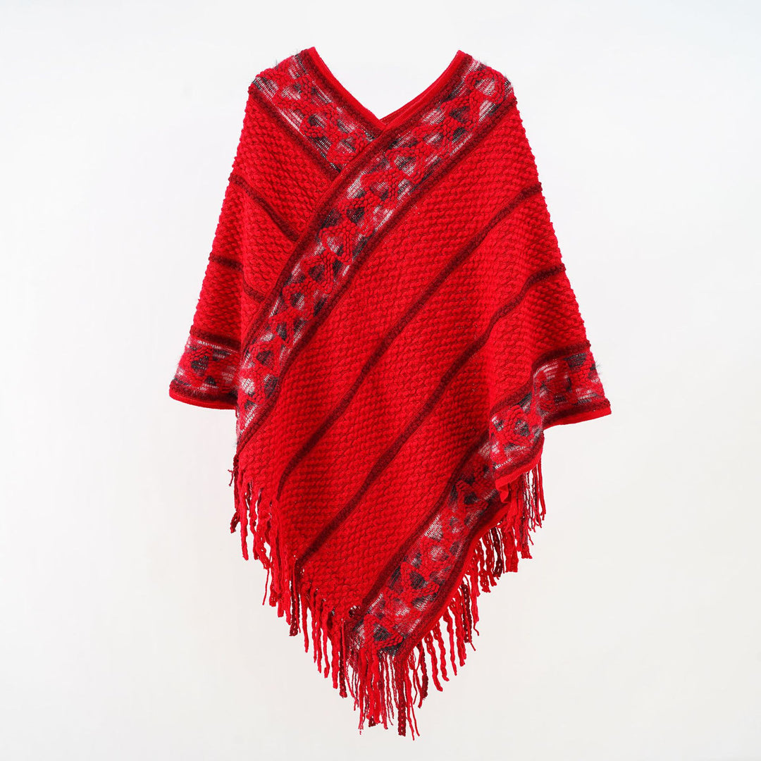 Women Oversized Knit Cape with Textured Waffle Knit Look and Cable Border Mune Fashion