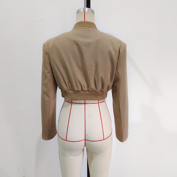 Women's short-cut pinstripe bolero jacket with rounded stand collar and decorative buttons Mune Fashion