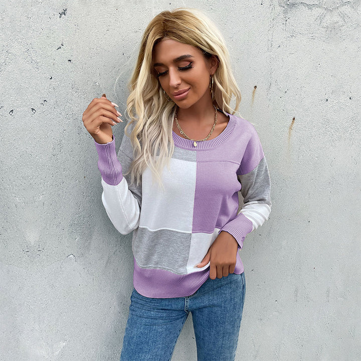 Women's patchwork knit sweater with contrasting panels, round neckline and ribbed hems Mune Fashion