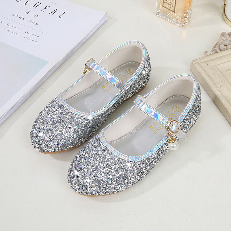 Girl Glittering Mary Jane Ballet Flats with Pearl Application Mune Fashion