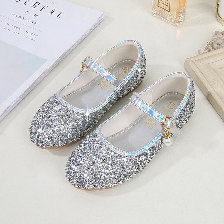 Girl Glittering Mary Jane Ballet Flats with Pearl Application Mune Fashion