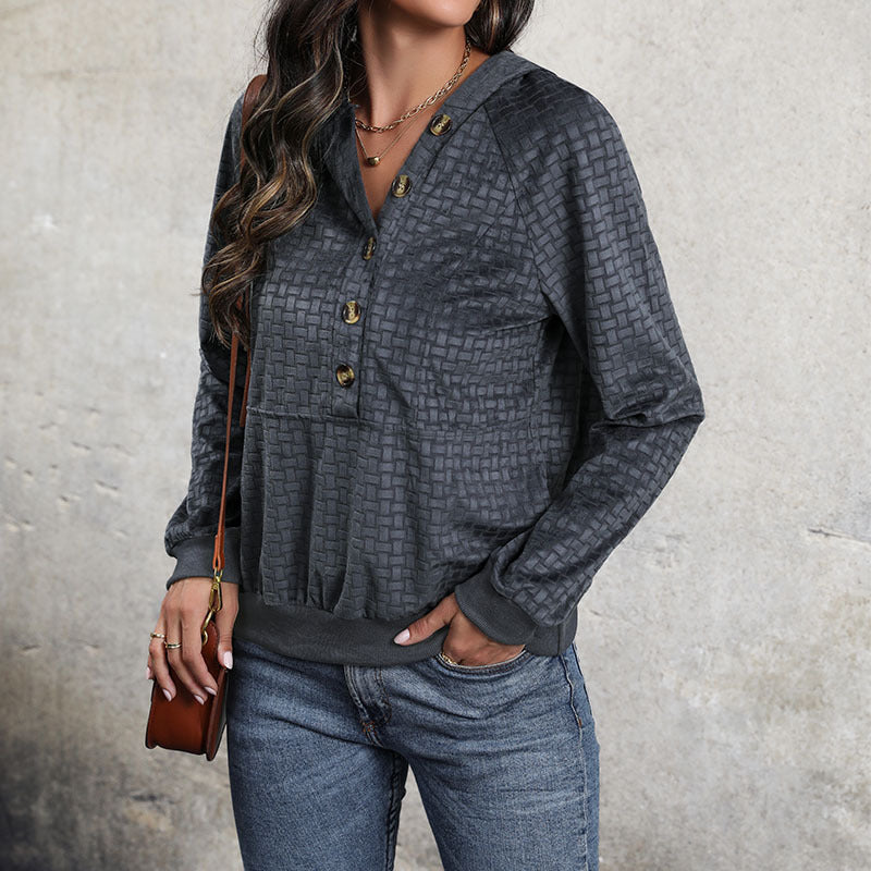 Ladies Textured Hooded Sweater with Button Placket and Pattern Structure Mune Fashion