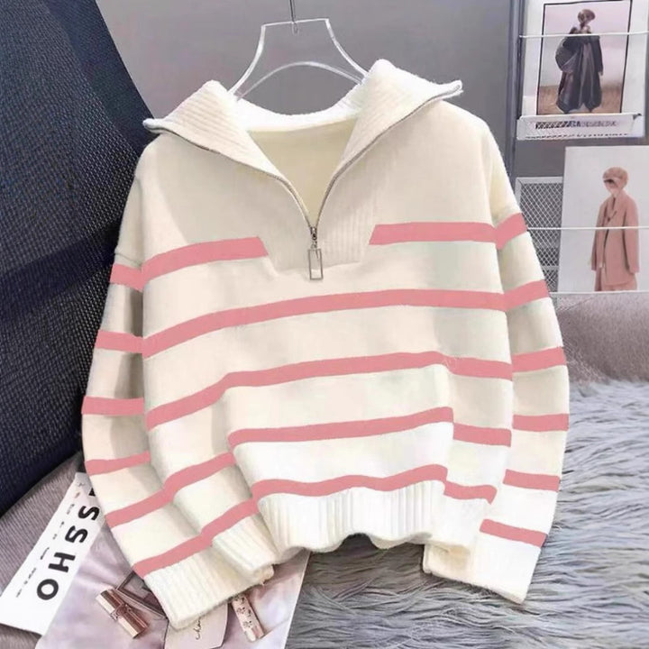 Women's Striped Half-Zip Knit Sweater with Ribbed Collar Mune Fashion