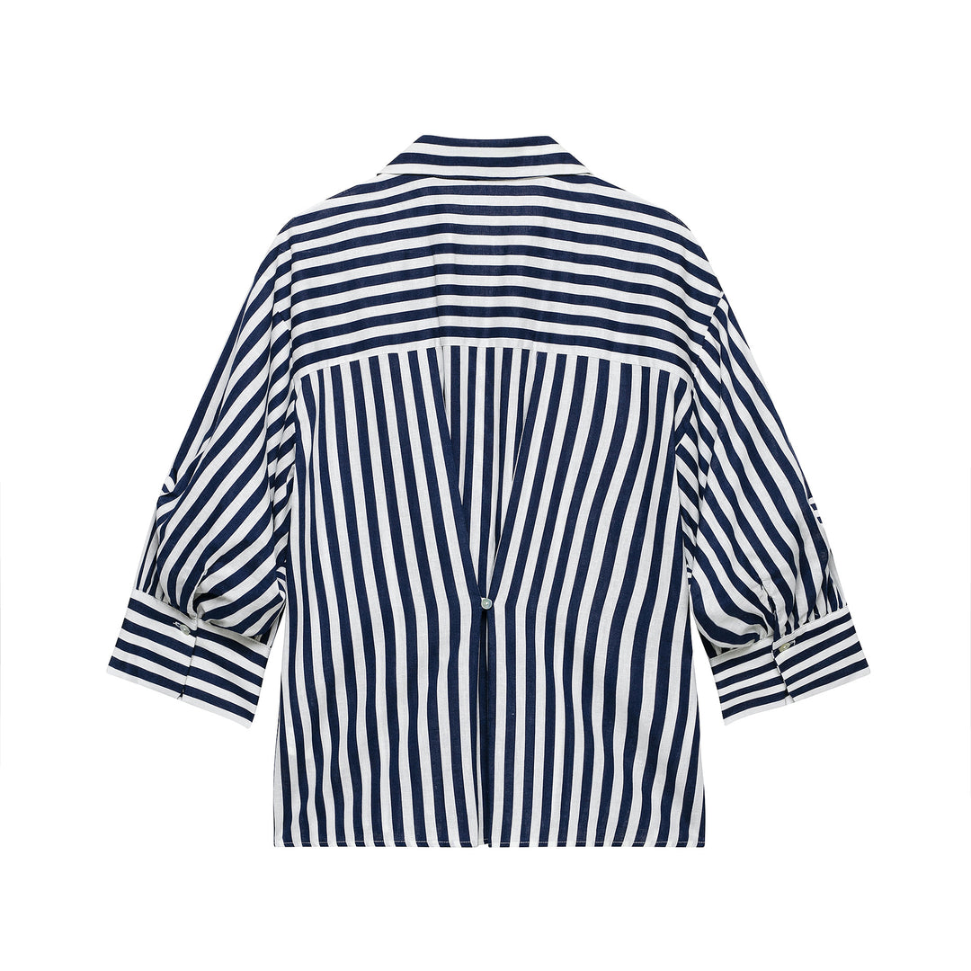 Women Oversized Shirt Blouse with Maritime Pinstripes and Three-Quarter Length Balloon Sleeves Mune Fashion