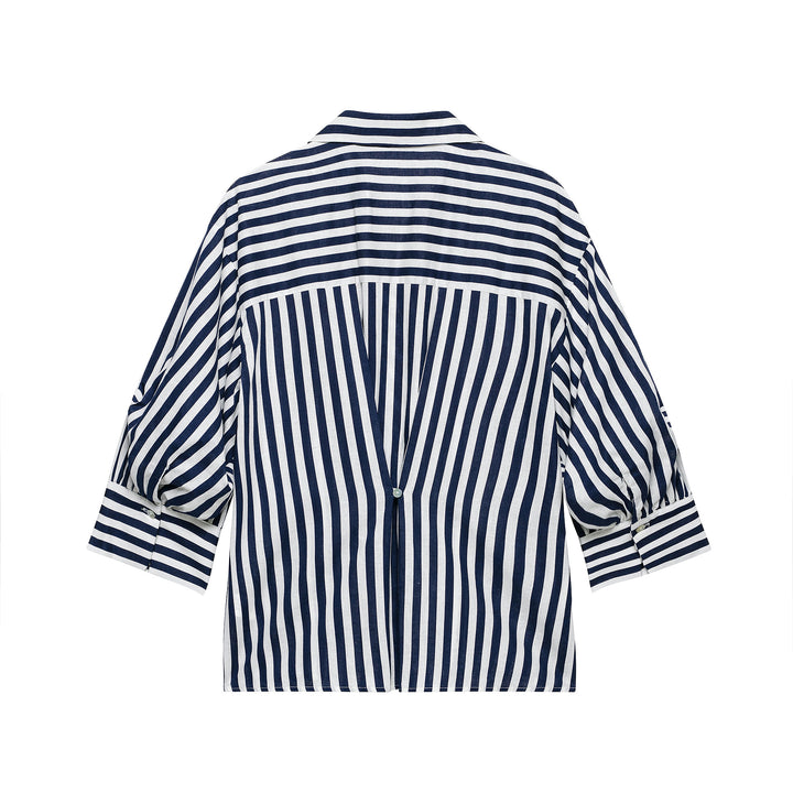 Women Oversized Shirt Blouse with Maritime Pinstripes and Three-Quarter Length Balloon Sleeves Mune Fashion