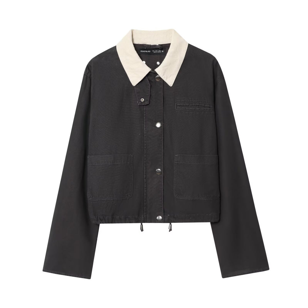 Women's Cropped Work Jacket with Cord Collar, Patch Pockets and Drawstring Mune Fashion