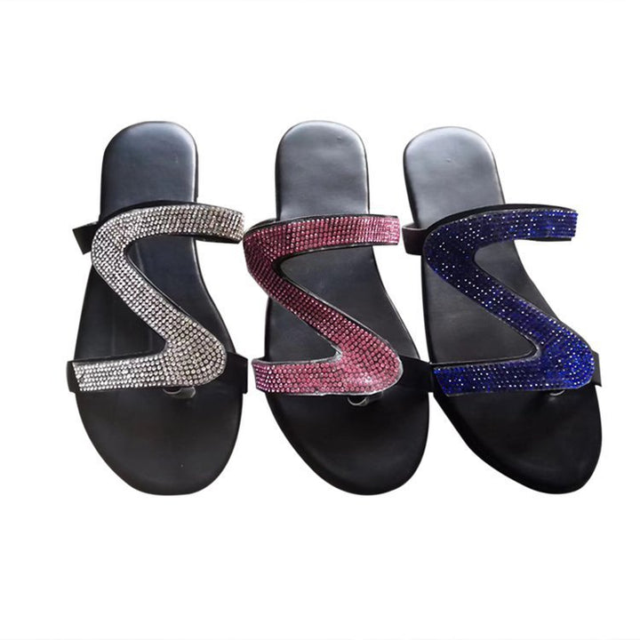 Ladies glitter sandal with curved rhinestone straps and padded comfort footbed Mune Fashion
