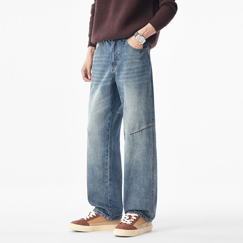 Men's Wide Vintage Denim Jeans with Distinctive Knee Seam and Loose Fit Mune Fashion