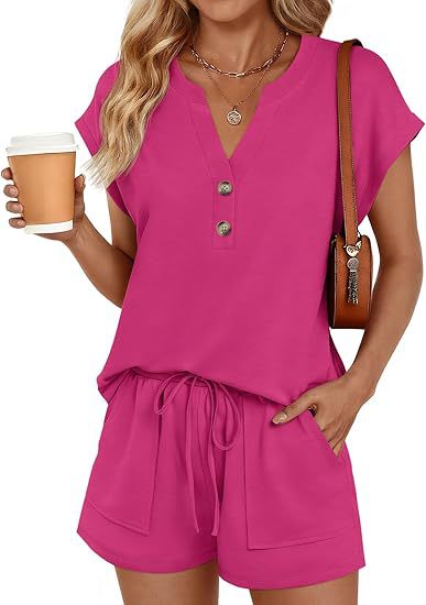 Women Casual Two-Piece Lounge Set with Button Placket, Drawstring Shorts and Pockets Mune Fashion