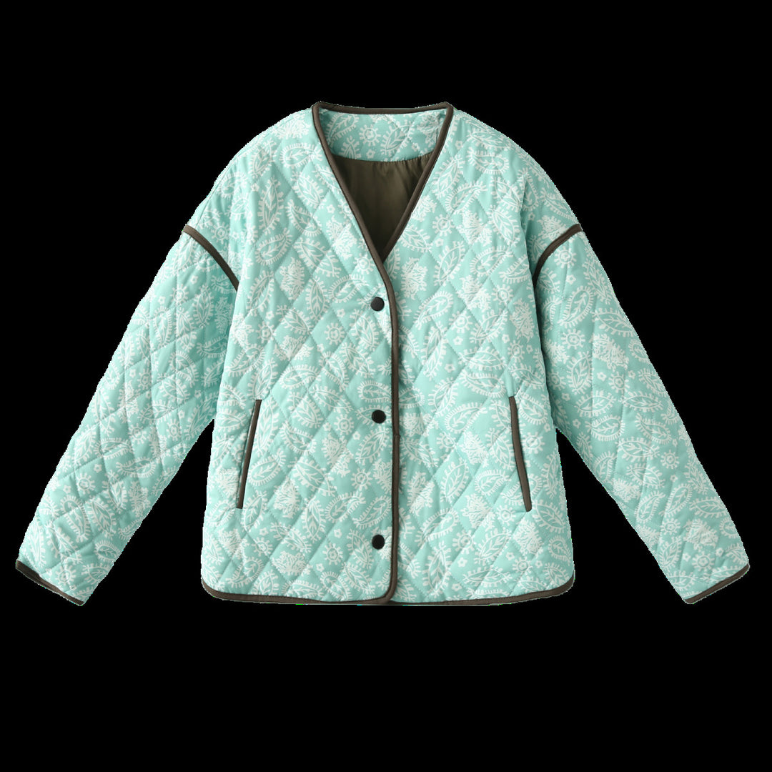 Women's quilted jacket with paisley pattern, V-neck and contrasting piping Mune Fashion