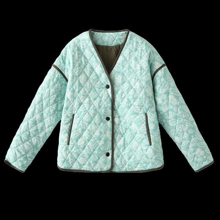 Women's quilted jacket with paisley pattern, V-neck and contrasting piping Mune Fashion