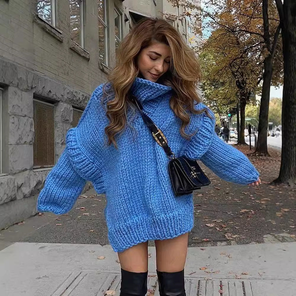 Women Oversize Chunky Knit Sweater with High Turtleneck Mune Fashion