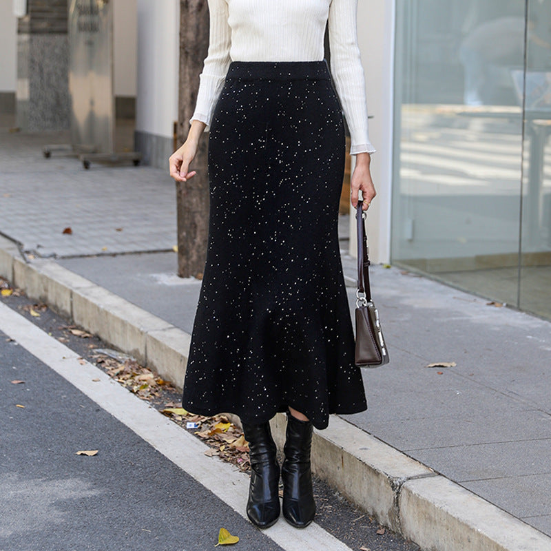 Women's figure-hugging knitted midi skirt with glitter fiber and trumpet hem, Mune Fashion