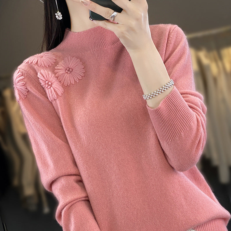 Women Soft Fine Knit Sweater with Short Stand-Up Collar, 3D Flower Application and Ribbed Cuffs Mune Fashion