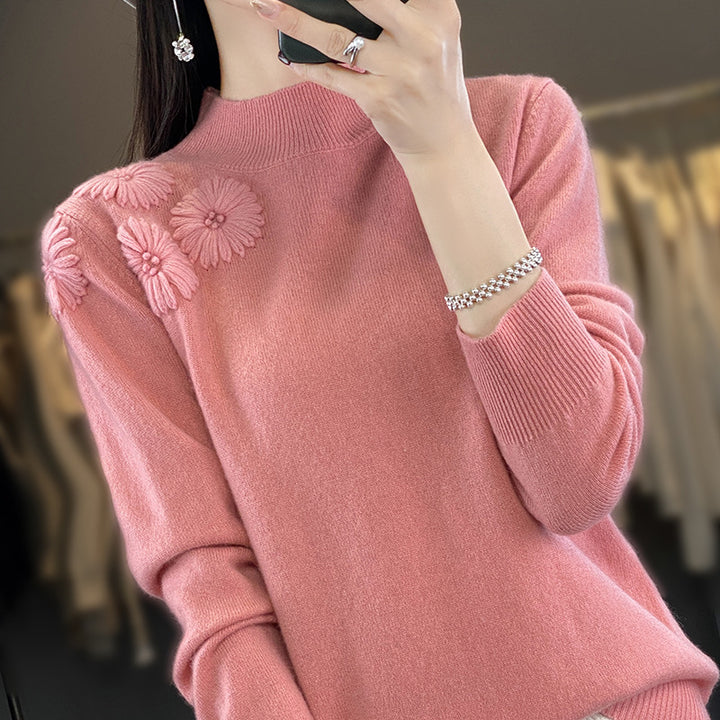 Women Soft Fine Knit Sweater with Short Stand-Up Collar, 3D Flower Application and Ribbed Cuffs Mune Fashion