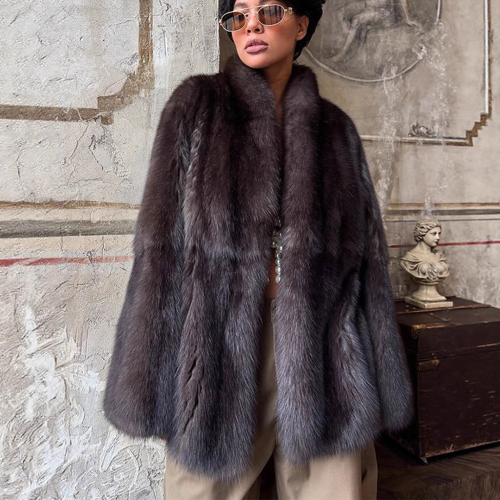 Women Short Fur Coat in Boxy Cut with Voluminous Shawl Collar Mune Fashion