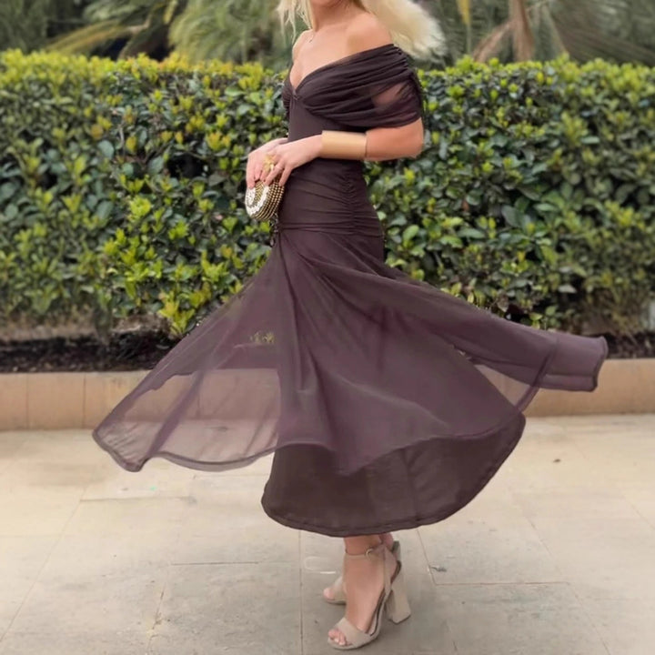 Women nan flowing evening dress with transparent chiffon capelet, V-neck and tailored draping Mune Fashion