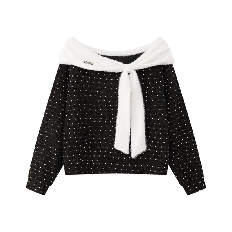 Women's Cozy Knitted Sweater with Large Faux Fur Shawl Collar and Kangaroo Pocket Mune Fashion