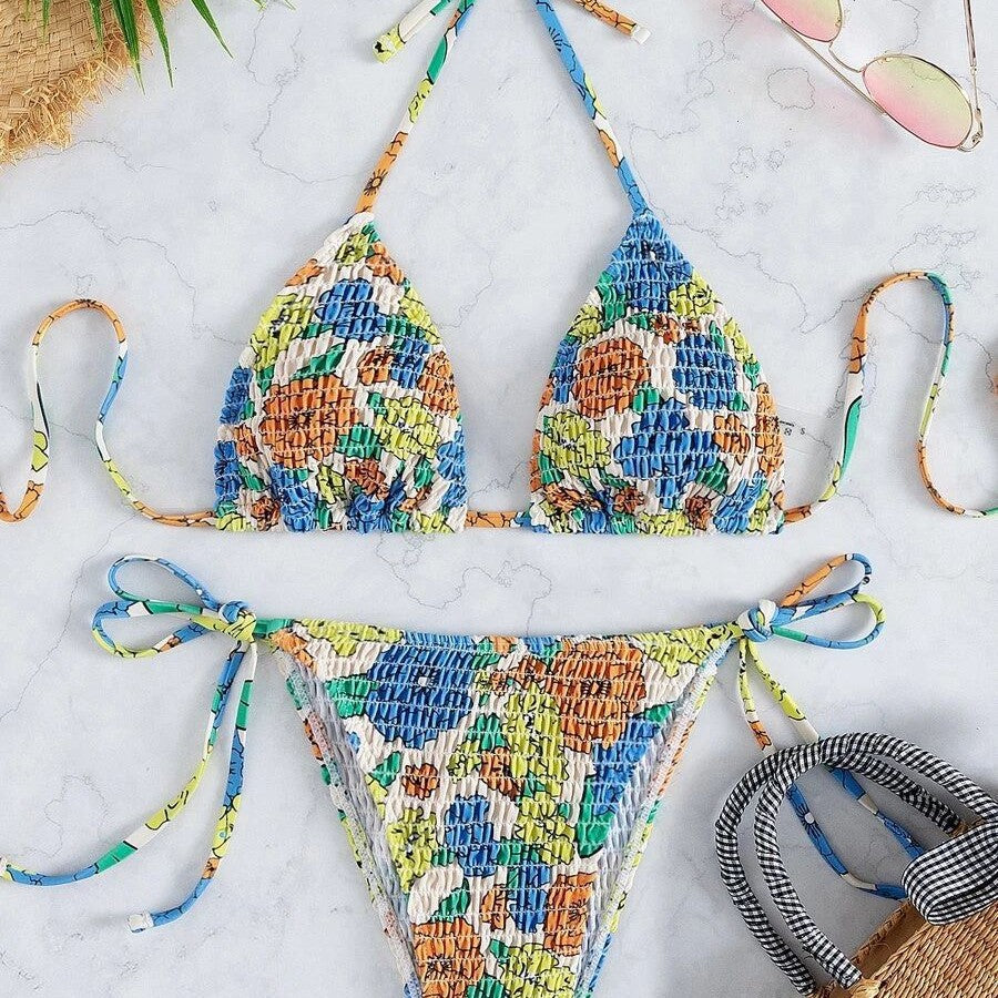 Women's triangle bikini with colorful floral pattern and elastic ties Mune Fashion