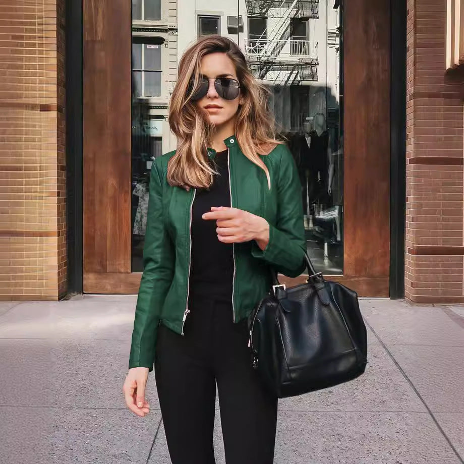 Women’s narrow cut leather jacket with stand-up collar and two-way zip Mune Fashion