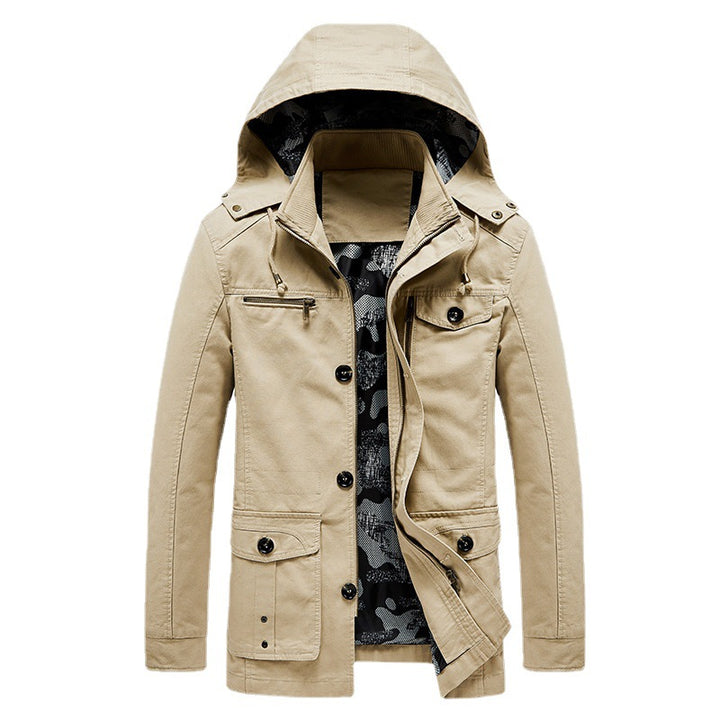 Men's Canvas Field Jacket with Hood, Multifunctional Pockets and Camouflage Lining Mune Fashion