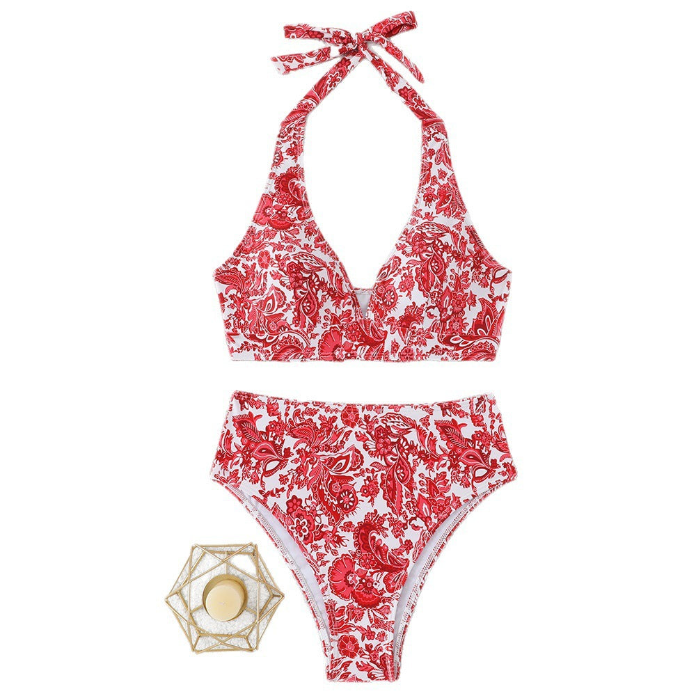 Women's High-Waisted Bikini Set with Floral Design and Playful Halter Top Mune Fashion