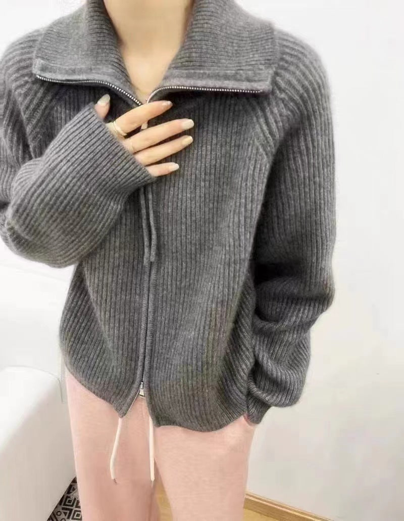 Women's Oversized Cardigan with Zipper, Stand-up Collar and Ribbed Structure Mune Fashion