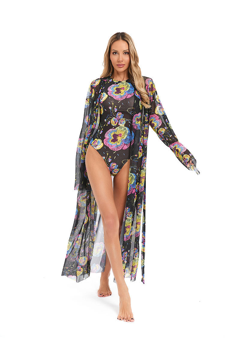 Women's Elegant Transparent Beach Kimono with Floral Design Mune Fashion