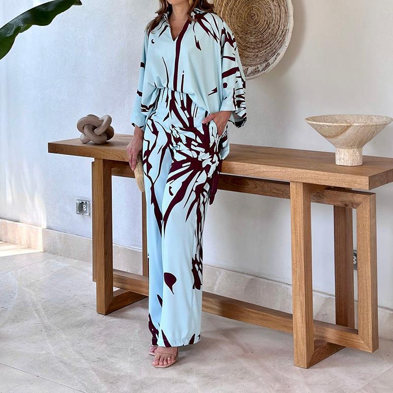Women's Patterned Kimono Lounge Set with Wide Palazzo Pants made of Lightweight Viscose Mix Mune Fashion